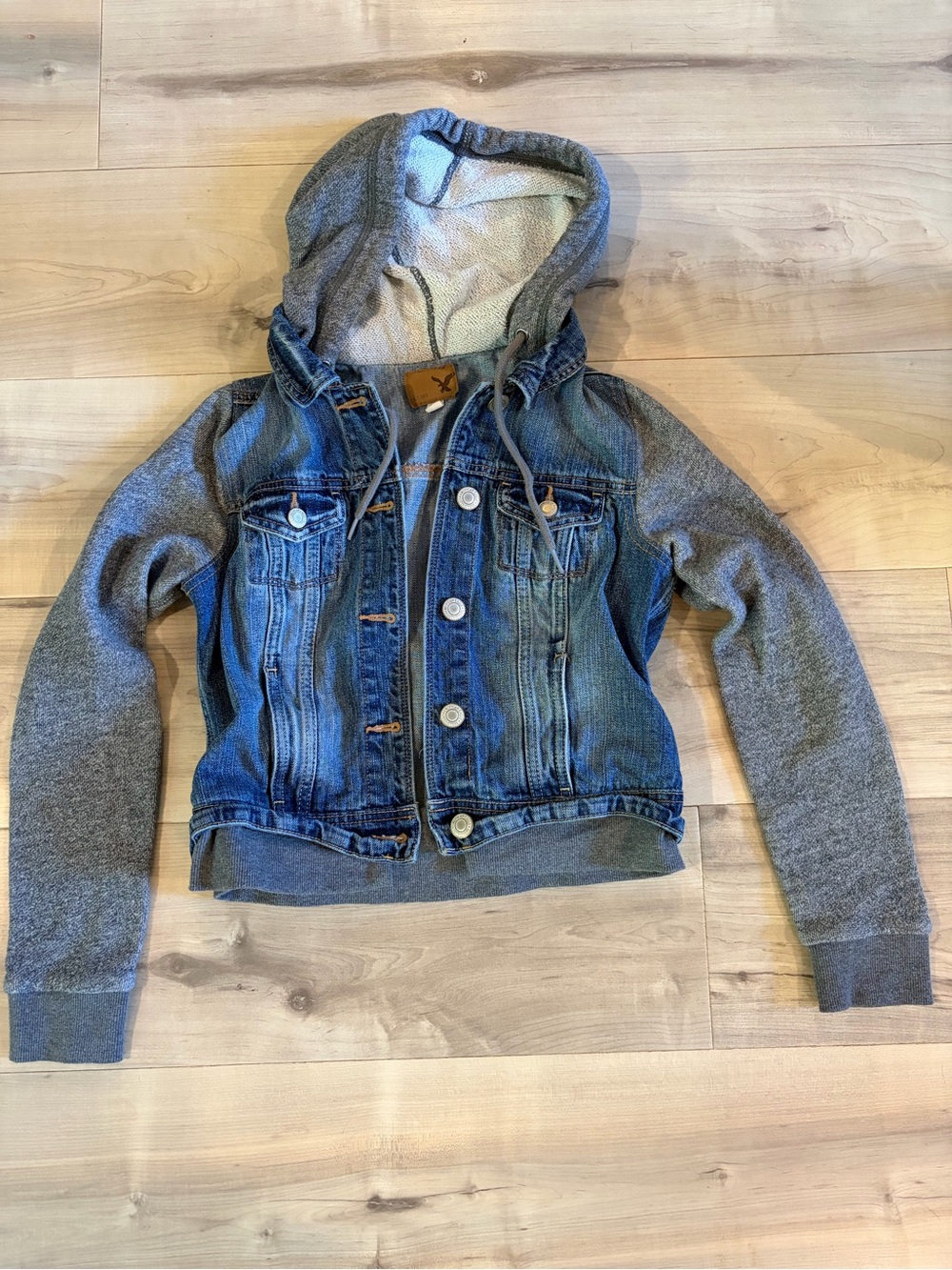 American Eagle Outfitters Blue Denim Jacket with Gray Knit Sleeves & Hood